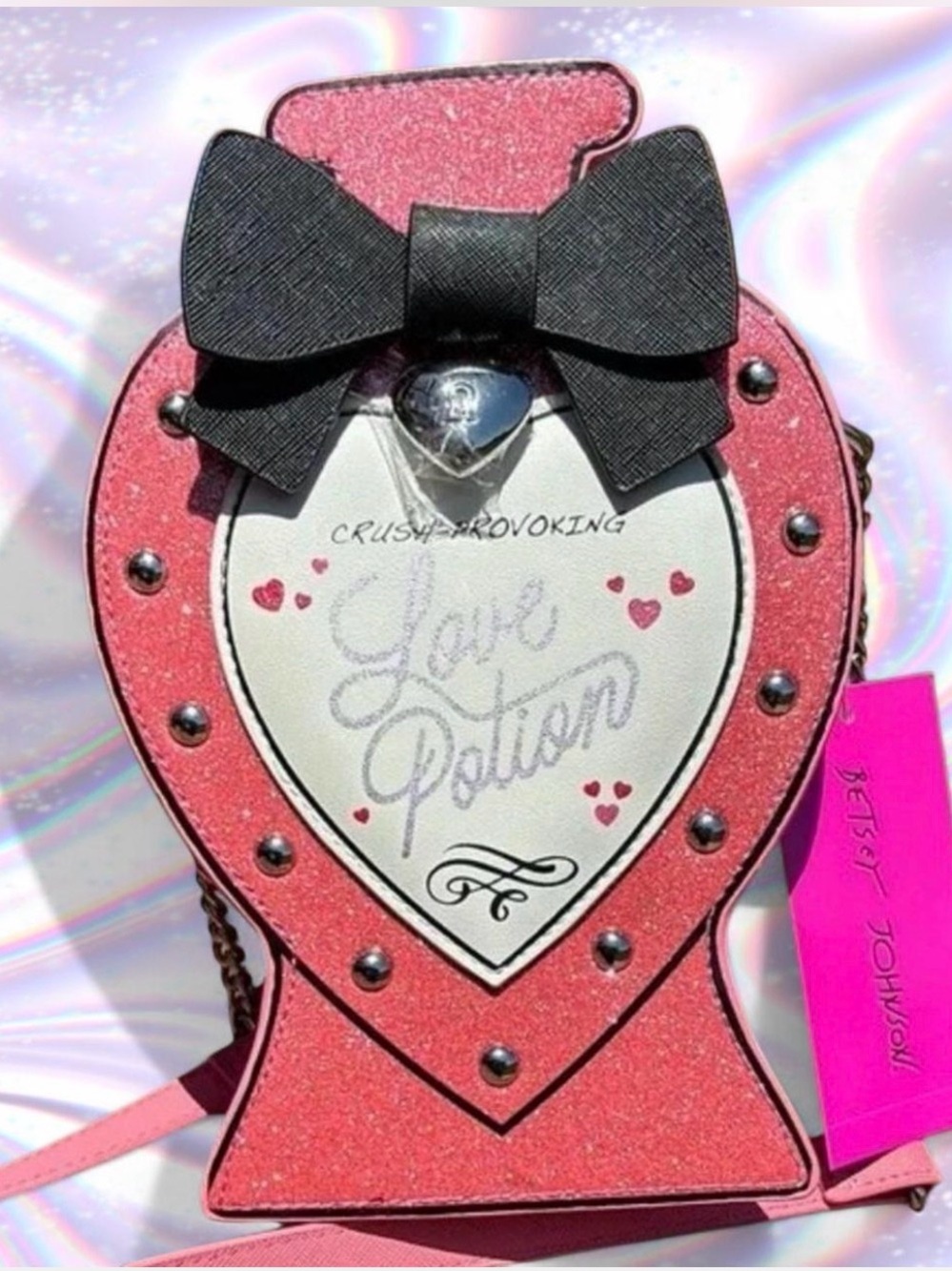 Betsey Johnson Pink Glitter 'Love Potion' Heart Crossbody with Black Bow